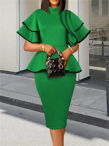 

Regular Fit Plain Stand Collar Elegant Dress, Green, Midi Dresses