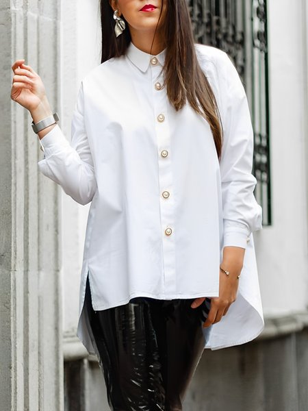 

Long sleeve Regular Fit Shirt Collar Plain Urban Blouse, White, Blouses and Shirts
