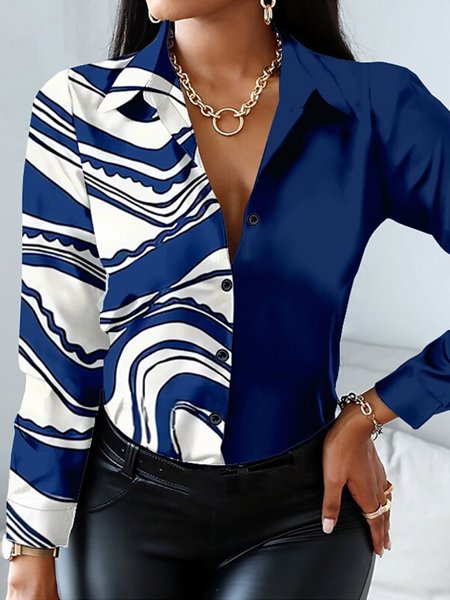 

Urban Shirt Collar Split Joint Abstract Print Blouse, Blue, Blouses and Shirts
