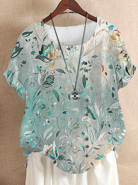 

Loose Cotton Floral Casual Shirt, Green, Shirts & Blouses