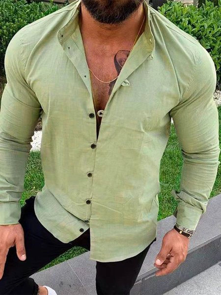 

Regular Sleeve Plain Regular Fit Casual Stand Collar Shirt, Green, Shirts ＆ Blouse