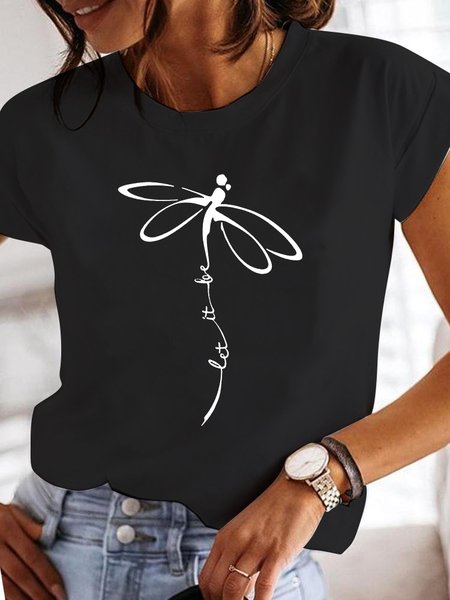 

Casual Loose Dragonfly Crew Neck T-Shirt, Black, T-shirts
