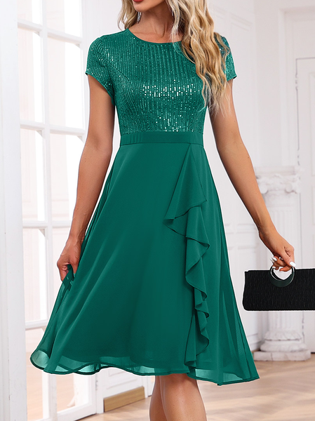 

Regular Fit Elegant Plain Glitter Dress, Green, Dresses