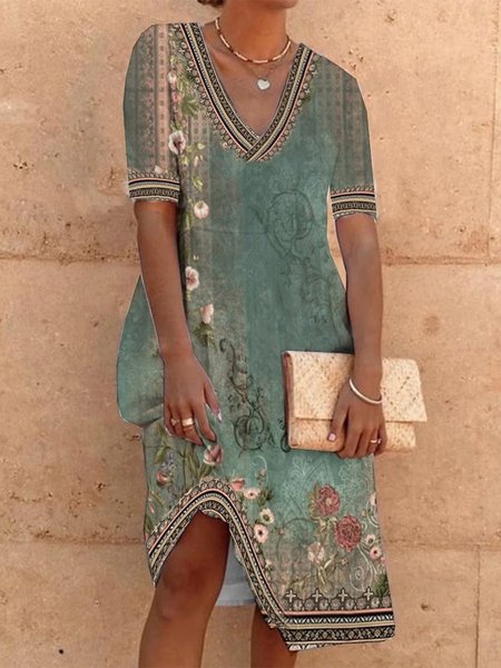 

Casual V Neck Floral Loose Dress, Green, Dresses