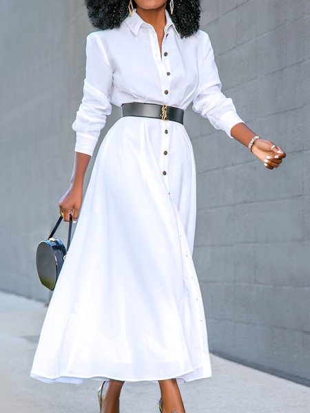 

Urban Shirt Collar Loose Dress With No Belt, White, Maxi Dresses