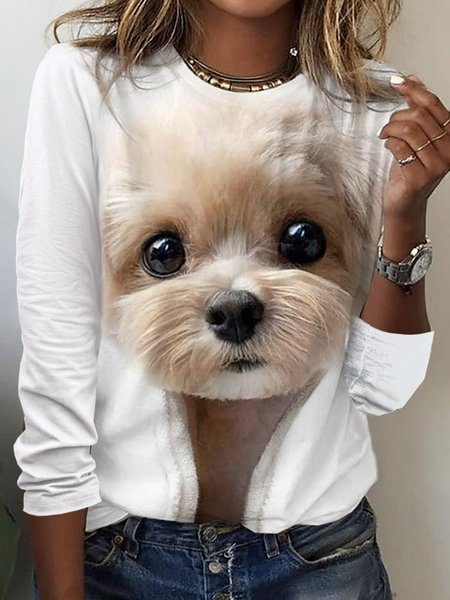 

Loose Dog Printed Casual Crew Neck T-Shirt, White, T-Shirts