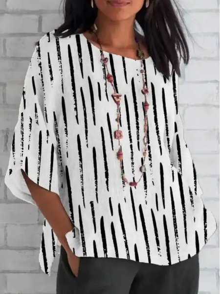 

Loose Casual Crew Neck Striped Shirt, White, Shirts & Blouses