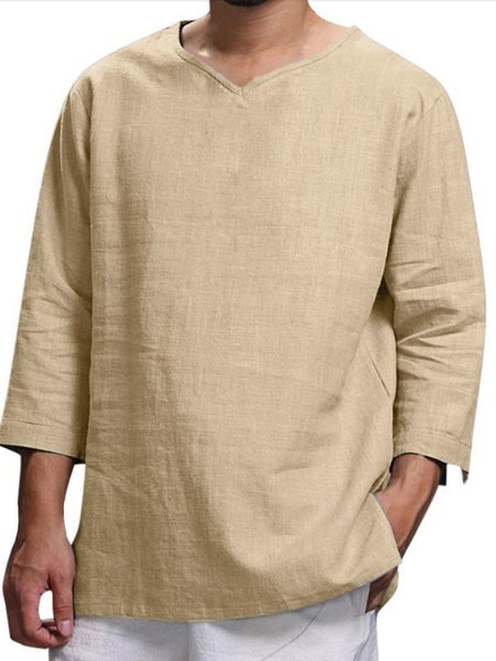 

Casual Cotton Basic Pullover Round Neck Long Sleeve T-Shirt Home Daily Men's Clothing, Khaki, Shirts ＆ Blouse