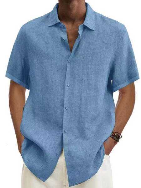 

Casual Cotton Basic Button Short Sleeve Shirts Vacation Everyday Men's Clothing, Blue, Shirts ＆ Blouse