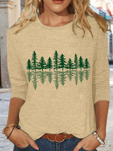 

Women's Tree Simple Regular Fit Crew Neck Shirt, Khaki, Long sleeves