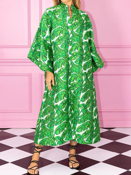 

Loose Stand Collar Long sleeve Elegant Maxi Dress, Green, Maxi Dresses