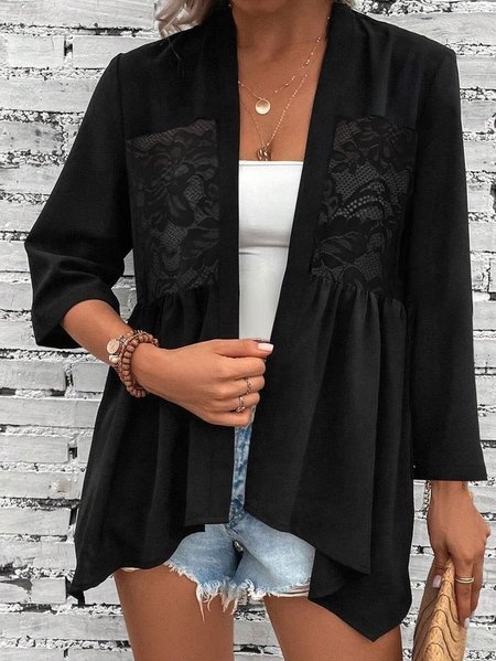 

Casual Plain Loose Lace Kimono, Black, Coats