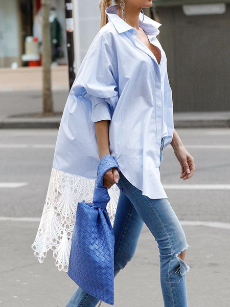 

Loose Color Shirt Collar Long sleeve Block Urban Mid-long Blouse, Blue, Blouses and Shirts