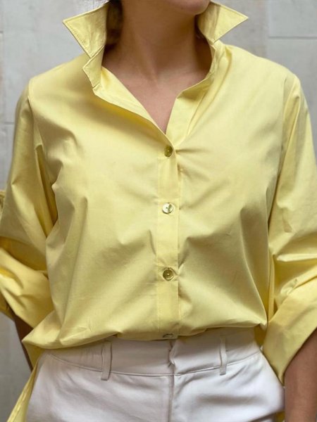 

Plain Shirt Collar Loose Urban Blouse, Yellow, Blouses and Shirts