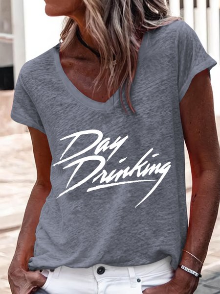 

Women's Day Drinking Alcohol Lover V Neck Casual T-Shirt, Gray, T-shirts