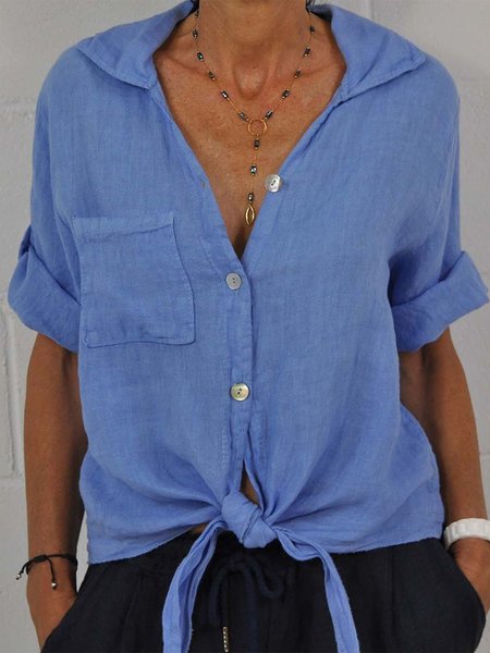 

Shawl Collar Plain Casual Buttoned Blouse, Blue, Shirts & Blouses
