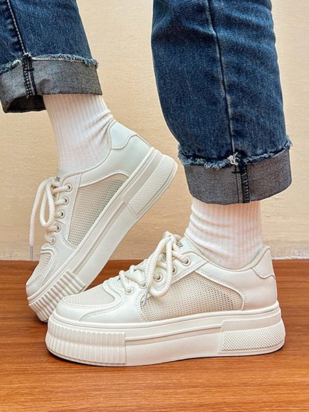 

White Breathable Mesh Panel Leather Sneakers, Beige, Sneakers