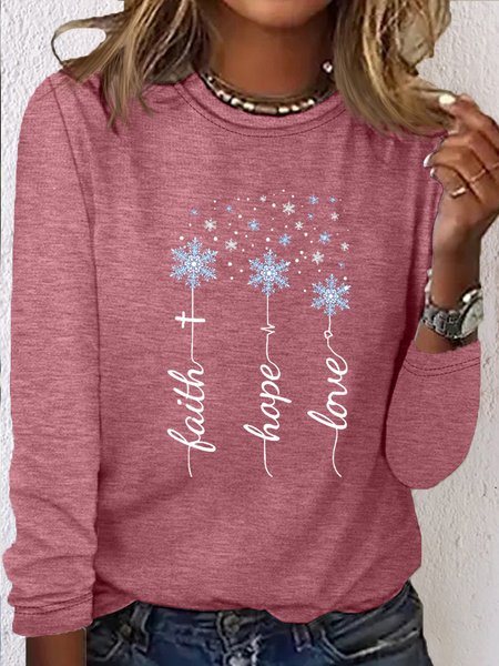 

Women's Faith Hope Love Snowflakes Casual Crew Neck Shirt, Pink, Long sleeves