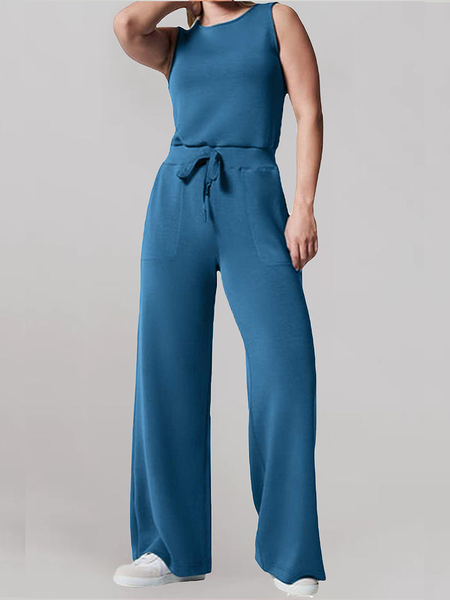 

High Elasticity Crew Neck Sleeveless Casual Regular Fit Plain Jumpsuit, Blue, Jumpsuits