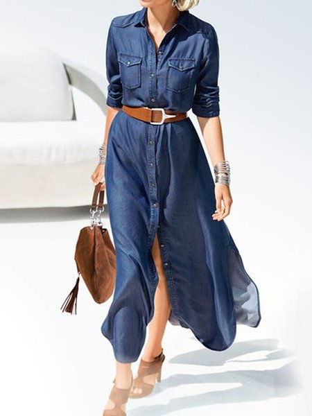

Shawl Collar Urban Denim Dress With No Bet faux denim, Blue, Midi Dresses