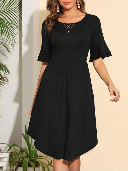 

Plain Casual Crew Neck Loose Solid Flounce Sleeve A-line Dress, Black, Dresses