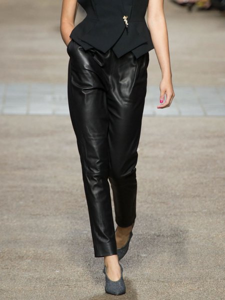 

Plain Urban Pu Fashion Straight Pants, Black, Pants