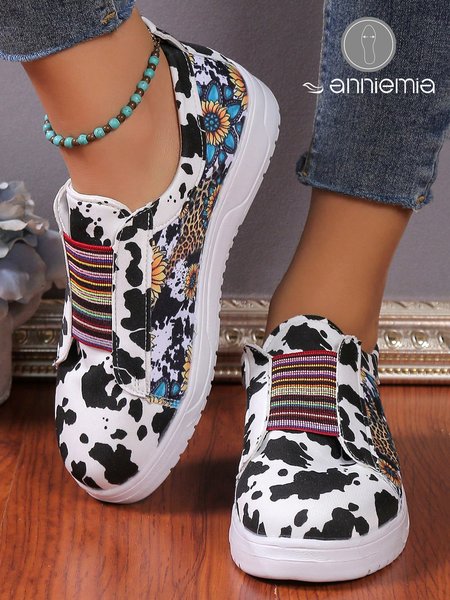

West Style Sunflower Cow Pattern Slip On Canvas Shoes, As picture, Sneakers