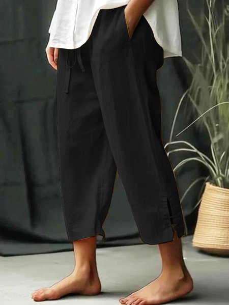 

Women Drawstring Waist Pockets Comfy Lounge Workout Plain Cotton Pants, Black, Pants