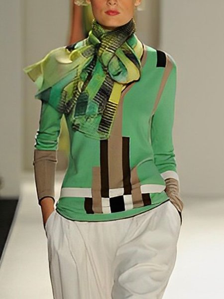 

Urban Abstract Graphic Long Sleeve T-Shirt With Scarf, Green, Tees