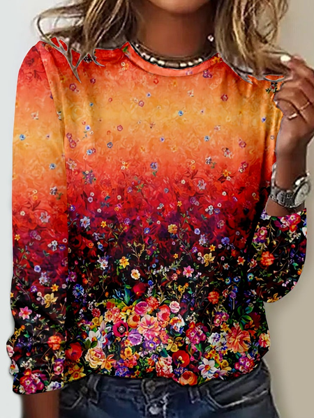 

Women's Simple Floral Crew Neck Long Sleeve Shirt, Coral, Long sleeves