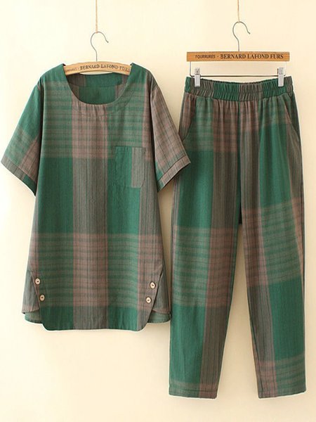 

Buckle Plaid Casual Top With Pants Two-Piece Set, Green, Suit Set