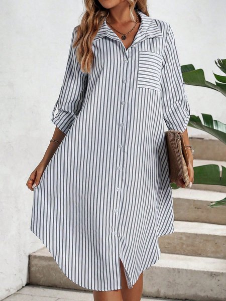 

Casual Loose Shawl Collar Striped Dress, Black-white, Dresses