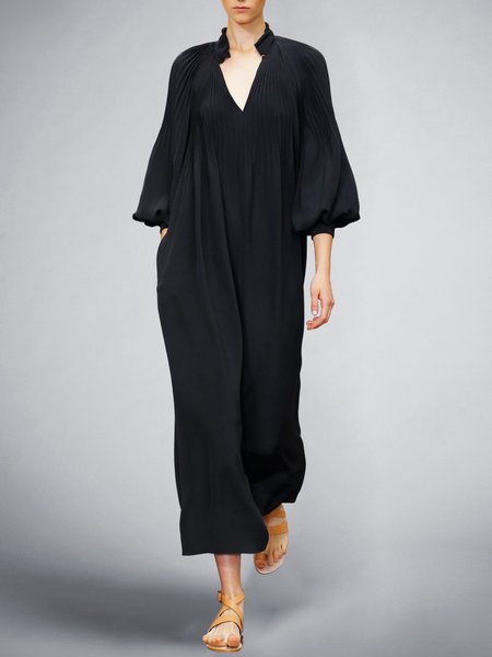

Long sleeve Plain Loose V Neck Urban Dress, Black, Maxi Dresses