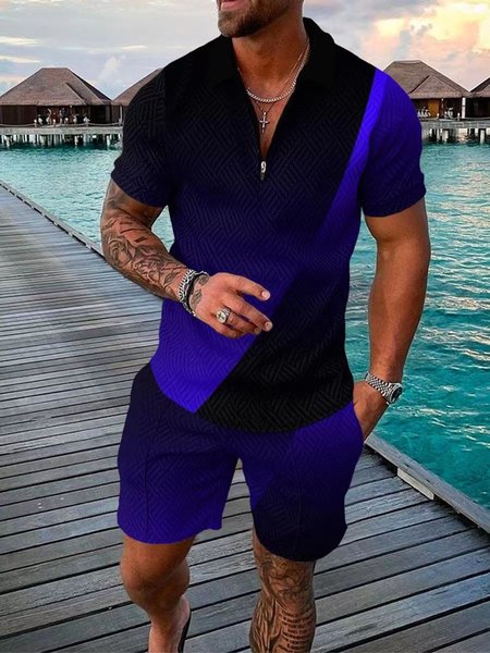 

Casual Plain Polo Collar Regular Fit Two-Piece Set, Black-blue, Suit Set