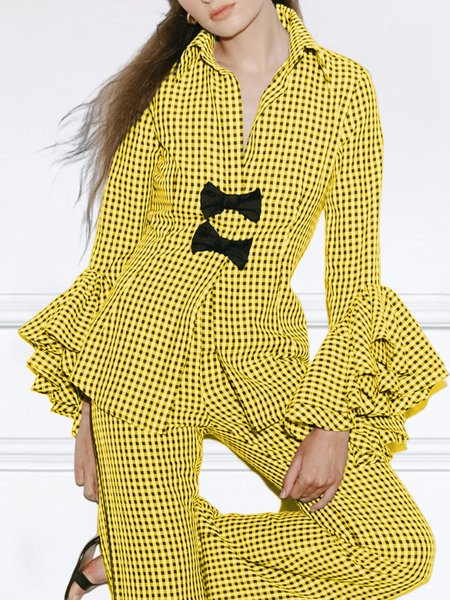 

Regular Fit Elegant Shirt Collar Plaid Blouse, Yellow, Blouses and Shirts