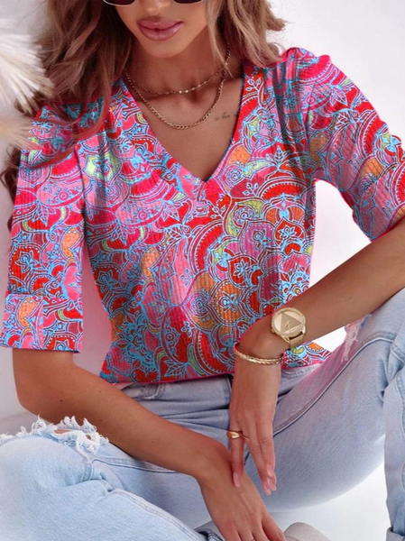 

Ethnic Loose Casual V Neck T-Shirt, Rose red, T-Shirts