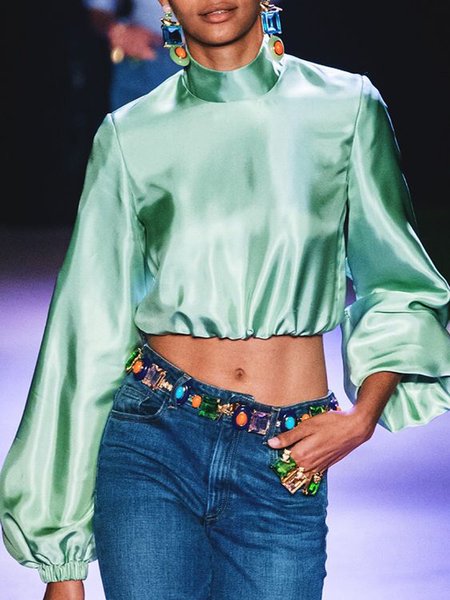 

Long sleeve Urban Half Turtleneck Satin Shirt, Green, Blouses and Shirts