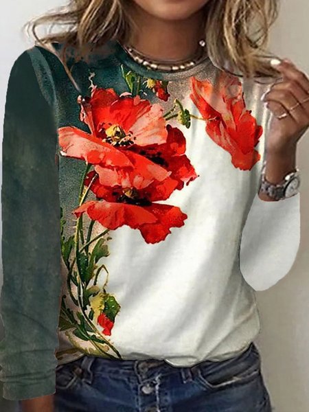 

Plus Size Floral Casual Crew Neck Loose T-Shirt, Red, T-Shirts