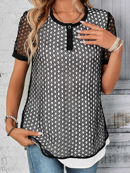 

Crew Neck Casual Lace Loose Shirt, Black, Shirts & Blouses