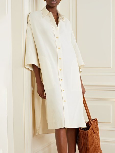 

Three Quarter sleeve Plain Casual Shirt Collar Dress, Apricot, Midi Dresses