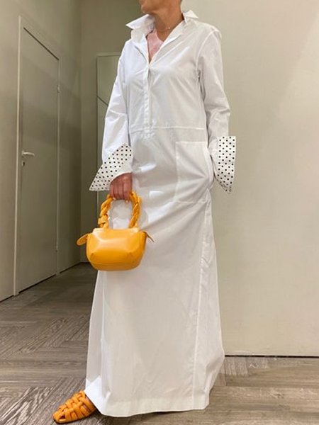 

Loose Polka Dots Urban Shirt Collar Dress With No, White, Maxi Dresses