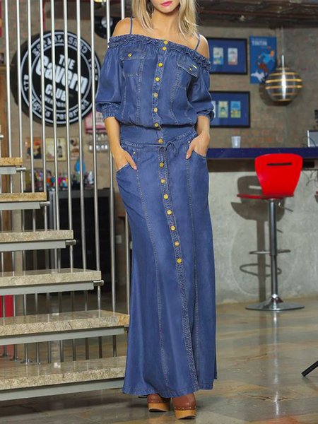 

Plain Regular Fit Denim Urban Maxi Dress With No Belt, Blue, Maxi Dresses