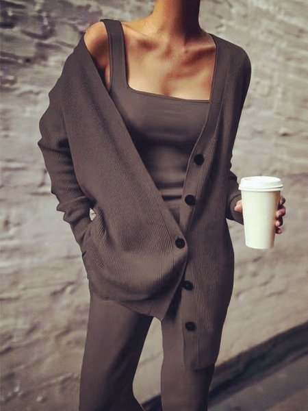 

Plain Casual Knitted Matching Outfit, Coffee, Suit Set