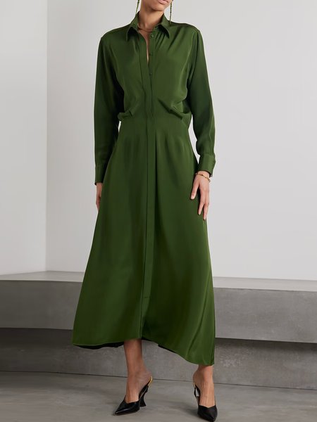 

Shirt Collar Urban Buckle Loose Dress With No Belt, Green, Midi Dresses
