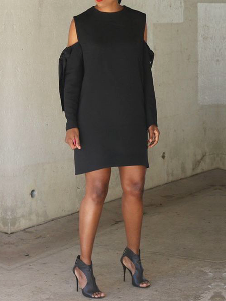 

Plain Elegant Loose Long sleeve Crew Neck Short Dress, Black, Mini Dresses