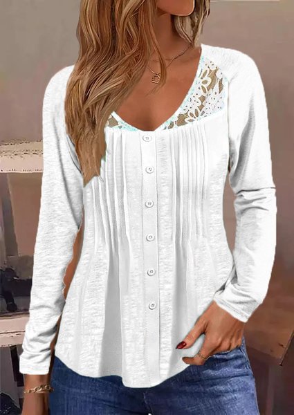 

Loose V Neck Casual Lace Shirt, White, Shirts & Blouses