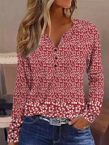 

Casual Loose V Neck Floral T-Shirt, Red, T-Shirts
