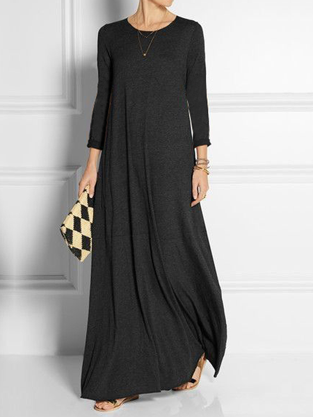 

High Elasticity Simple Plain Loose Crew Neck Three Quarter sleeve Maxi Dress, Black, Maxi Dresses