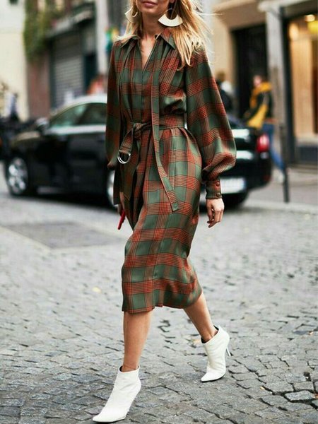 

Long sleeve Urban Plaid Shirt Collar Dress With Belt, As picture, Midi Dresses
