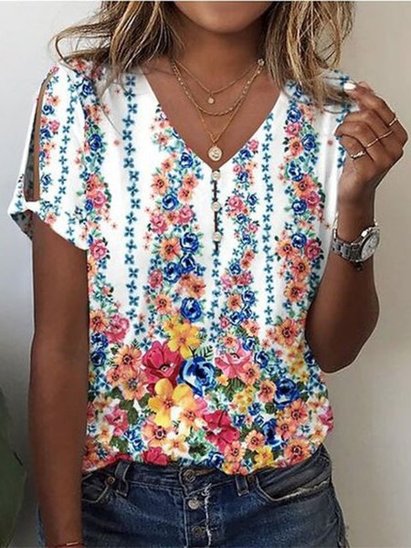 

Casual Floral Loose T-Shirt, Blue, T-Shirts